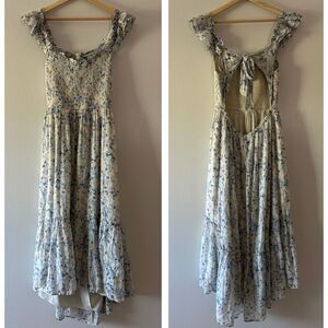 American Eagle Womens Floral Flutter Sleeve Smocked‎ Midi Dress Blue Large NWT